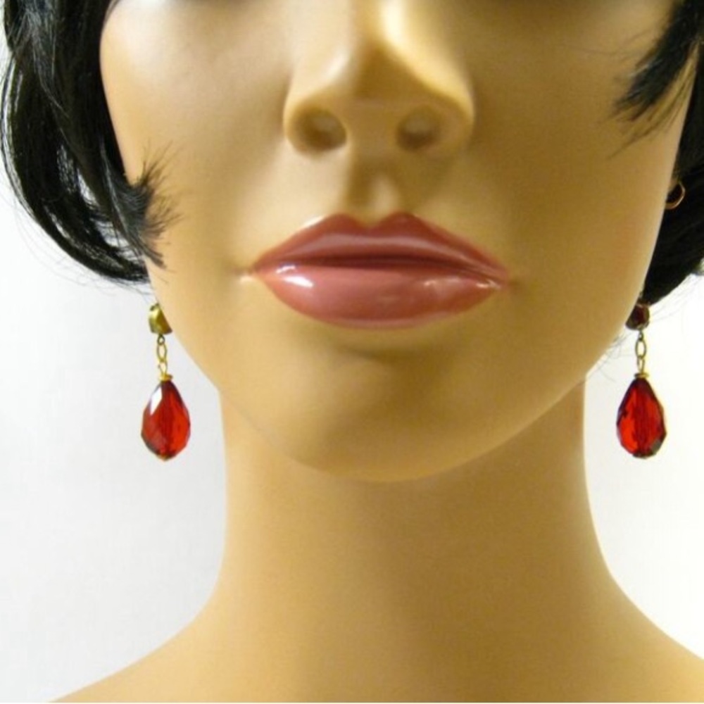 Handcrafted Vintage Red Crystal Beaded long Dangle Drop  Beaded Earrings 2.5 in